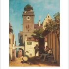 Kalenderseite. Illustration: Zwei Personen sitzen in einer sonnigen Gasse, im Hintergrund ein Turm mit Uhr.