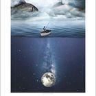 Zahlreihe von 1 bis 31 unten. Mann fischt im Ozean unter Sternenhimmel, der zum Mond übergeht. Zwei riesige Fische in Wolken.