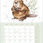 Kalendermonat Januar mit Wochentagen und Feiertagen. Illustration: Ein fröhlicher Biber mit Pflanzen im Hintergrund.