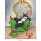 Zitat: „Die Menschheit lässt sich grob in zwei Gruppen einteilen: in Katzenliebhaber und in vom Leben Benachteiligte.“ Franz von Assisi. Illustration von einer Katze in edlem Sessel mit Tasse.