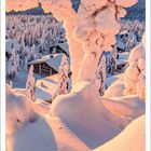 Kalender mit Januar-Daten. Schnee bedeckt Bäume und Hütten im goldenen Licht des Sonnenuntergangs in Lappland.
