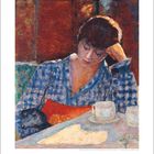 "Femme, lisant", Pierre Bonnard. Frau in blauem Kleid liest, Hund daneben. Starker Farbkontrast, gemütliche Stimmung.