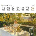 Kalenderdaten: Mai, 21. Woche, 21.5.–20.6. Darunter eine impressionistische Gartenszene mit Frau an einem gedeckten Tisch.