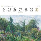 Kalender für Mai, Woche 21. Illustration eines bunten Gartens mit Bäumen und Blumen.