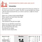 "Wissenswertes über Land und Leute: Limericks. Montag, 14. Juni. Zwei Gedichte, eins über Bright, eins über Gus, beide humorvoll."