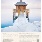 Kalenderseite: Uferwanderung am Neuenburgersee. Januar 11-17. Bild: Holzhaus auf Steg über einem verfrorenen See.