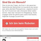 Text: "Sind Sie ein Mensch? Ich bin kein Roboter." Darunter ein Kalender mit August 3, Dienstag.