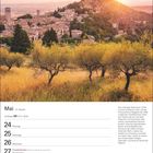 Mai, 21. Woche, Zwillinge 21.5.–20.6. Eine Stadtmauer umgibt Assisi. Olivenbäume im Vordergrund, Burg auf Hügel im Sonnenuntergang.