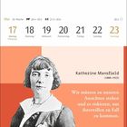 Text: „Katherine Mansfield (1888–1923). Wir müssen zu unseren Ansichten stehen und es riskieren, um ihretwillen zu Fall zu kommen." 

Oben ist ein Kalenderteil für Mai, die 20. Woche, mit hervorgehobenen Daten vom 17. bis 23. Mai. Links befindet sich ein Porträt einer Frau in schwarz-weiß, daneben ein Zitat auf sanftem orangefarbenem Hintergrund.