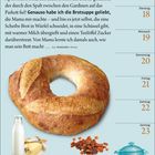 MICHAIL SCHISCHKIN, MAI, Pfingsten. Rezept für Sonntags-Brotsuppe. Illustration: Brot, Milchflasche, Butter, Rosinen, blauer Topf.