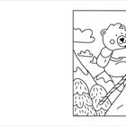 Ein Bär klettert fröhlich eine Strickleiter hoch, umgeben von Wolken und Bergen. Einfache Schwarz-Weiß-Illustration.