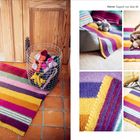 "Kleiner Teppich von Suite 66" zeigt bunte Streifenmuster, einen Hund, Wollknäuel im Korb und Teppichdetails.