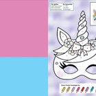 Text: "So geht's: Weiße Flächen anmalen, Motive ausschneiden, Gummiband anknoten. Du brauchst: Stifte, Schere, Gummiband."

Illustration: Einhörnermaske mit Blumen und Schleife. Beratung zu Farben.