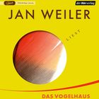 "Vollständige Lesung – Jan Weiler liest Das Vogelhaus." Gelbes Design mit Kreisbild einer Feder in Rottönen.
