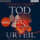 Texte: "Andreas Gruber", "Todesurteil", "Das ungekürzte Hörspiel". Illustration eines rot-gestreiften Fisches.