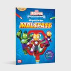 Text: „Das ist Iron Man!“ und „Iron Man hat durch seinen Anzug Superkräfte.“ 
Illustration: Zwei stilisierte Iron Man-Figuren in Aktion.