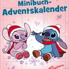 "Stitch Minibuch-Adventskalender" steht auf einem rosa Hintergrund. Zwei Figuren mit Weihnachtsmützen sind abgebildet.