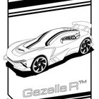 "Gazella R™" unter einem stilisierten Auto, mit Streifenmuster und dynamischen Linien; links Flammensymbol.