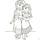 Anna und Elsa hatten eine schöne gemeinsame Kindheit. Zwei Mädchen halten sich lächelnd an den Armen. Illustration.