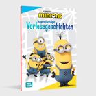 „Superlustige Vorlesegeschichten“. Vier gelbe Comicfiguren, die Minions, tragen blaue Overalls.