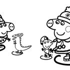 Illustration: Zwei Schweine, ein Dinosaurier auf Schlittschuhen, alle mit Winterkleidung und Mützen mit Sternen.