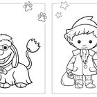 Links ein lächelnder Hund mit Halsband; rechts ein winkender Zwerg mit Mütze und Beutel. Sterne und Pfotenabdrücke rundum.