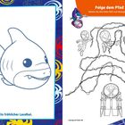 "Folge dem Pfad" zeigt drei Figuren mit Fäden. "Ein fröhlicher Landhai" ist ein Cartoon-Hai.