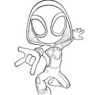 "Ghost-Attacke!" 
Illustration eines Comic-Charakters in Kampfpose, mit großer Augenmaske und Spinnenemblem.