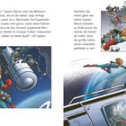 „Hab ich euch!“ Captain Marvel kämpft gegen Mini-Roboter im Weltall, kehrt dann zur Erde zurück. Unten sieht man Ultron.