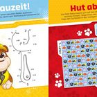 „Bauzeit! Rubble soll einen kaputten Reifen ausbauen...“ „Hut ab! Die PAW Patrol macht...“ Zeichentrickfigur Rubble, gelb.