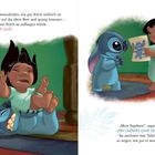 Texte: Lilo wollte herausfinden... Und das tat er auch! ... „Mein Ergebnis?“ sagte Lilo... Dein Gutheits-Level ist superhoch!" ...  
Illustration von Lilo und Stitch. Lilo hält eine Zeichnung hoch, während Stitch lächelnd zuschaut.