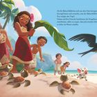 Text: "Als die Babyschildkröten sich aus dem Nest bewegten...".

Illustration: Kinder schützen Schildkröten am Strand, Vogel im Flug.