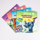 „Die Geburtstagsüberraschung“ mit Stitch, einem animierten blauen Alien, der bunte Luftballons hält.