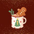 "1" auf Weihnachtsbaum, Tasse mit rot-weißen Punkten, Lebkuchenfigur, Tannenzweig, goldener Hintergrund mit Glanzpunkten.