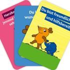„Die Maus“, „Mutmachkarten“, „50 Karten für dich“. Maus, Ente und Elefant fröhlich auf grünem Hintergrund.
