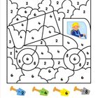 Zahlen von 2 bis 8 in Umrissen eines LKWs. Unten bunte Schaufeln: Blau 2, Grün 4, Gelb 6, Grau 8.