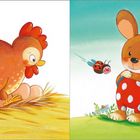 Links Huhn mit Eiern im Nest, rechts Hase mit Punkten trägt Korb, Marienkäfer fliegt vorbei.