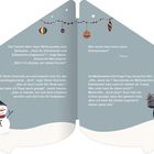 Ein Schneemann mit Schal links, ein Pinguin mit Weihnachtsmütze und Geschenk rechts, Schneeflocken am Himmel.