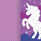 Rechts Text "EINHORN". Ein Einhorn in geteilten Feldern mit Nummern (E01-E15), lila Hintergrund, Sterne, Wolken.