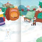 "Gebrannte Mandeln" steht auf einem Stand. Winterlandschaft mit Tieren, Schneemännern, schneebedeckten Ständen und Süßigkeiten.