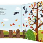Text: "Wie jedes Jahr zur Herbsteszeit machen Star, Storch, Schwalbe sich bereit..." Illustration: Bunte Vögel und Herbstlandschaft.
