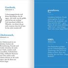 Seite mit Definitionen: Geschenk, Glückwunsch auf Weiß. Gratulieren, HBD auf Blau. Illustration: Geschenk mit Herz. Sterne.