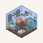 Illustration eines gemütlichen Zimmers mit Bett, Sofa, Schrank, Tisch und Büchern in sanften Farben.