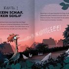 Kapitel 1: Kein Schaf, kein Schlaf. Hahn kräht mit "Kikerikiiiiii". Lustige Illustration bei Sonnenaufgang, Hühner und Häuser.