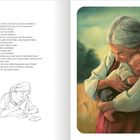 Text über Familie, Lieder, Gedanken. Rechts Gemälde: ältere Frau hält schlafendes Baby liebend im Arm. Links Skizze: Frau schreibt Karte.