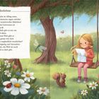 Ein Mädchen schaukelt auf einer Schaukel, umgeben von Blumen, einem Eichhörnchen und einem Marienkäfer darunter.