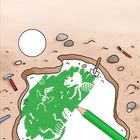 Text oben: „Wie viele Dinosaurier-Skelette... Anzahl in den Kreis.“ Illustration: Ausgrabung mit grüner Fläche und Fossilien.