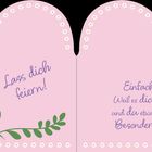 "Lass dich feiern! Einfach so. Weil es dich gibt und du etwas ganz Besonderes bist." Rosa Karte mit Blumen.