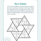 Text: „Stern Sudoku. Hier müssen die Ziffern 1 bis 9 jeweils genau einmal in den fett umrandeten Dreiecken und in jeder Reihe bzw. Diagonalen vorkommen...“ Darunter ein grafisches Sudoku in Sternform.