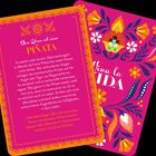 Zwei Karten mit Texten: "Das Leben ist eine PIÑATA" und dekorativen Blumenmustern. Farbenfrohe Gestaltung in Pink und Orange.